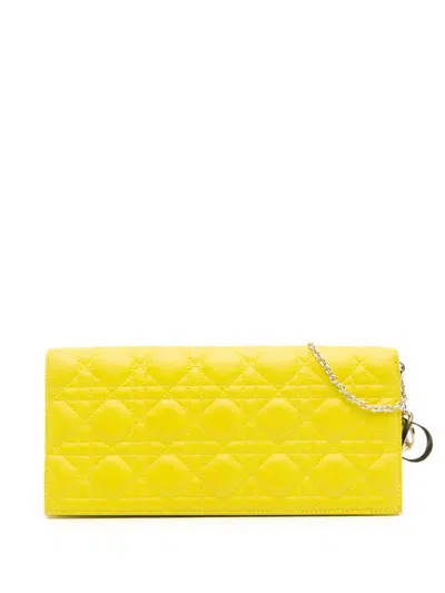 Pre-owned Dior 2013 Lambskin Cannage Lady  Wallet On Chain Crossbody Bag In Yellow