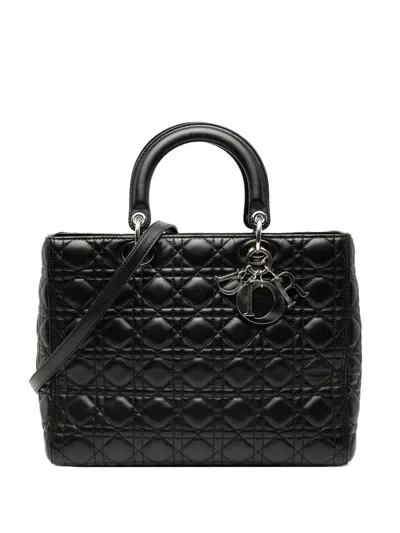 Pre-owned Dior 2013 Large Lambskin Cannage Lady  Satchel In Black