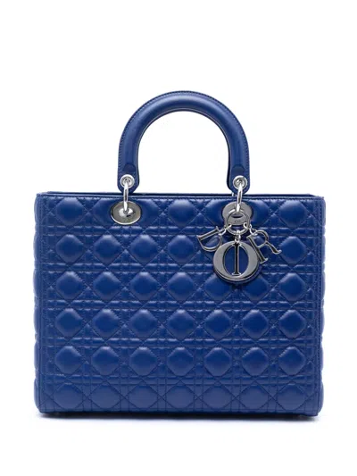 Pre-owned Dior 2013 Large Lambskin Cannage Lady  Satchel In Blue