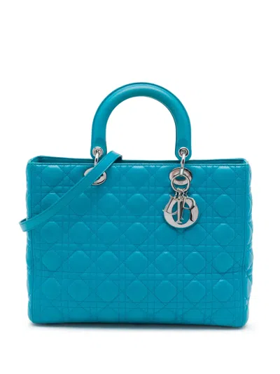 Pre-owned Dior 2013 Large Lambskin Cannage Lady  Satchel In Blue
