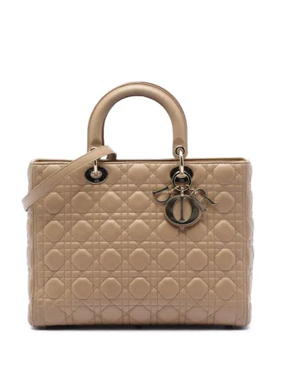 Pre-owned Dior 2013 Large Lambskin Cannage Lady  Satchel In Neutral