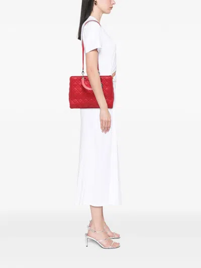 Pre-owned Dior 2013 Large Lambskin Cannage Lady  Satchel In Red