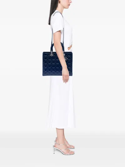 Pre-owned Dior 2013 Large Patent Cannage Lady  Satchel In Blue