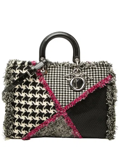 Pre-owned Dior 2013 Limited Edition Large Tweed Houndstooth Patchwork Issimo Satchel In Black