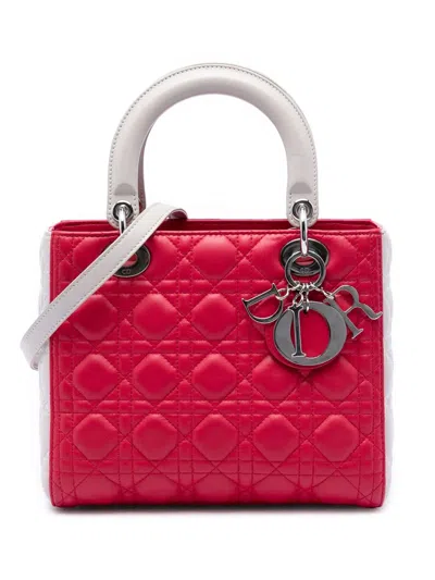 Pre-owned Dior 2013 Medium Bicolor Lambskin Cannage Lady  Satchel In Pink
