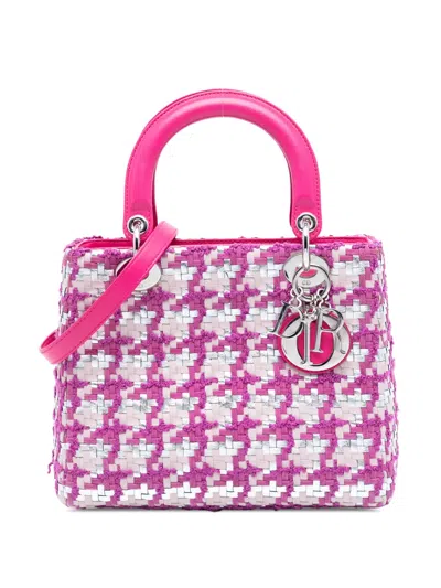 Pre-owned Dior 2013 Medium Lambskin And Tweed Lady  Satchel In Pink