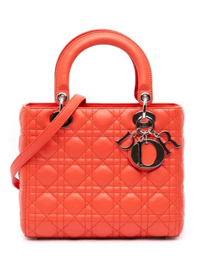 Pre-owned Dior 2013 Medium Lambskin Cannage Lady  Satchel In Orange