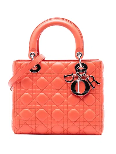 Pre-owned Dior 2013 Medium Lambskin Cannage Lady  Satchel In Orange