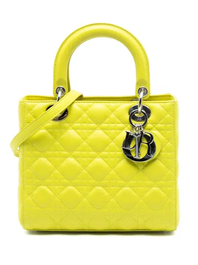 Pre-owned Dior 2013 Medium Lambskin Cannage Lady  Satchel In Yellow