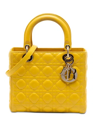Pre-owned Dior 2013 Medium Lambskin Cannage Lady  Satchel In Yellow