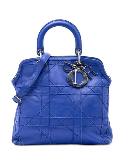 Pre-owned Dior 2013 Medium Lambskin Cannage Polochon Granville Satchel In Blue