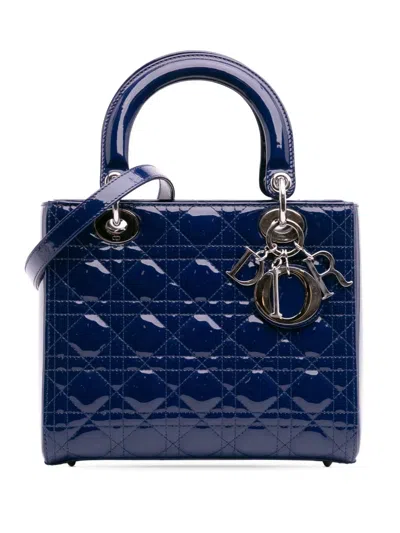 Pre-owned Dior 2013 Medium Patent Cannage Lady  Satchel In Blue