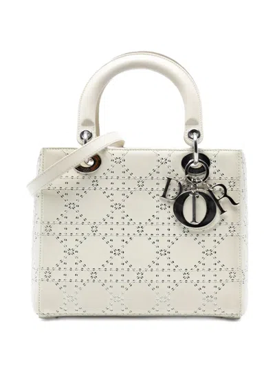 Pre-owned Dior 2013 Medium Perforated Calfskin Cannage Lady  Satchel In White