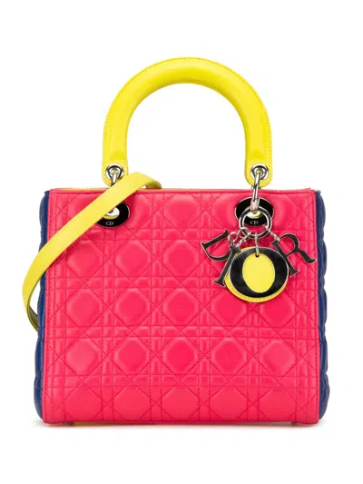 Pre-owned Dior 2013 Medium Tricolor Lambskin Cannage Lady  Satchel In Pink