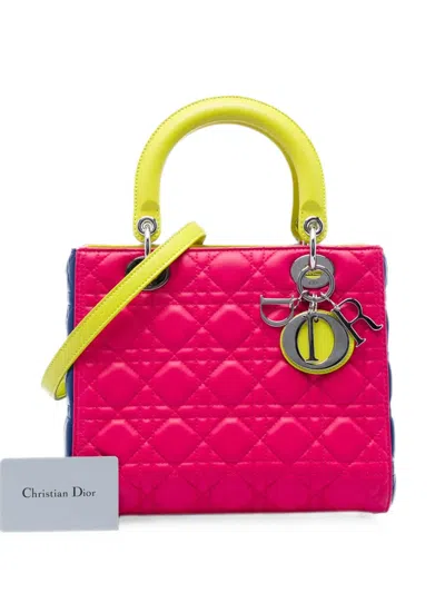Pre-owned Dior 2013 Medium Tricolor Lambskin Cannage Lady  Satchel In Pink