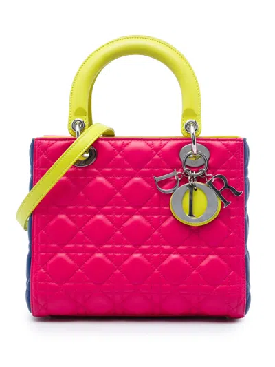 Pre-owned Dior 2013 Medium Tricolor Lambskin Cannage Lady  Satchel In Pink