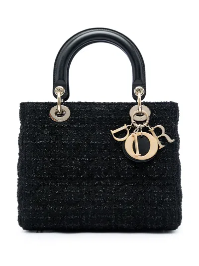Pre-owned Dior 2013 Medium Tweed Cannage Lady  Satchel In Black