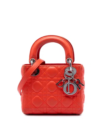 Pre-owned Dior 2013 Mini Lambskin Cannage Lady  Satchel In Orange
