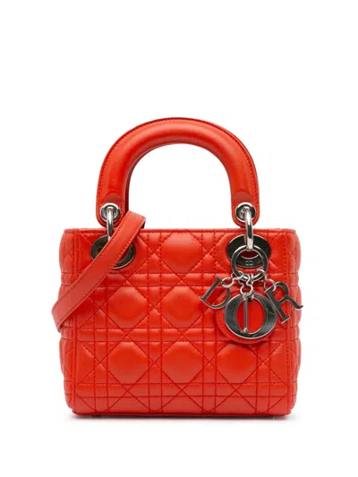 Pre-owned Dior 2013 Mini Lambskin Cannage Lady  Satchel In Red