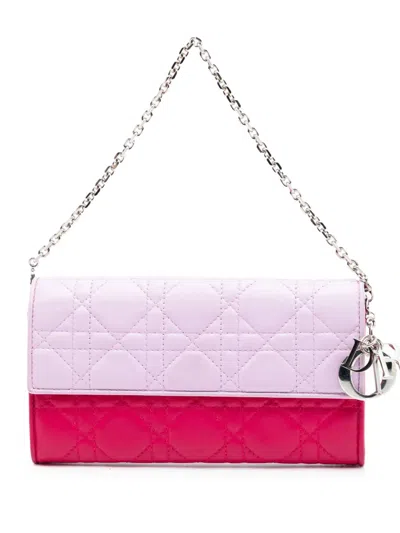 Pre-owned Dior 2014 Bicolor Lambskin Cannage Lady  Wallet On Chain Handbag In Pink
