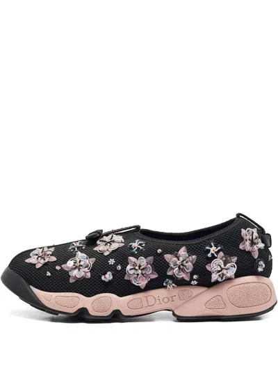 Pre-owned Dior 2014 Flower-embellished Mesh Sneakers In Black