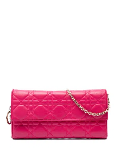 Pre-owned Dior 2014 Lambskin Cannage Lady  Wallet On Chain Crossbody Bag In Pink