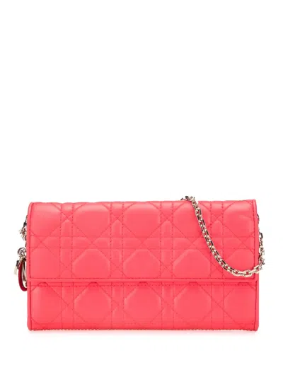 Pre-owned Dior 2014 Lambskin Cannage Lady  Wallet On Chain Shoulder Bag In Pink