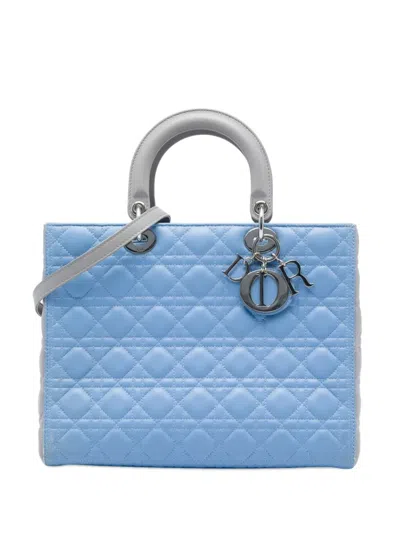 Pre-owned Dior 2014 Large Bicolor Lambskin Cannage Lady  Satchel In Blue