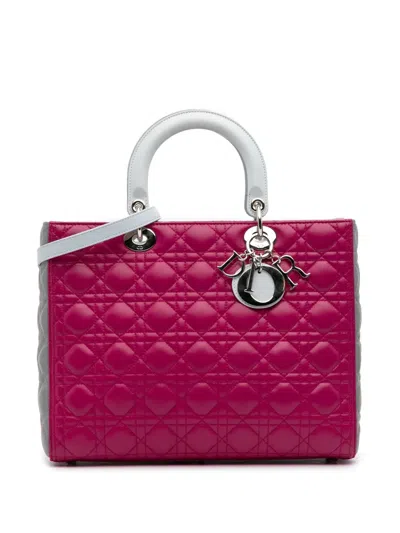 Pre-owned Dior 2014 Large Bicolor Lambskin Cannage Lady  Satchel In Pink
