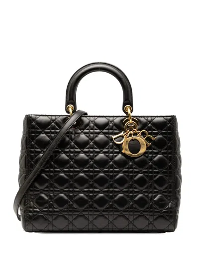 Pre-owned Dior 2014 Large Lambskin Cannage Lady  Satchel In Black