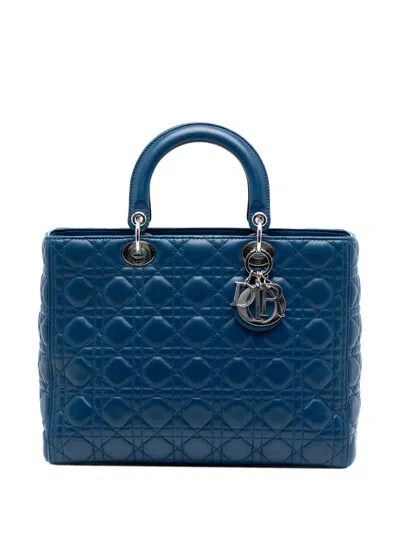 Pre-owned Dior 2014 Large Lambskin Cannage Lady  Satchel In Blue