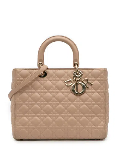 Pre-owned Dior 2014 Large Lambskin Cannage Lady  Satchel In Brown