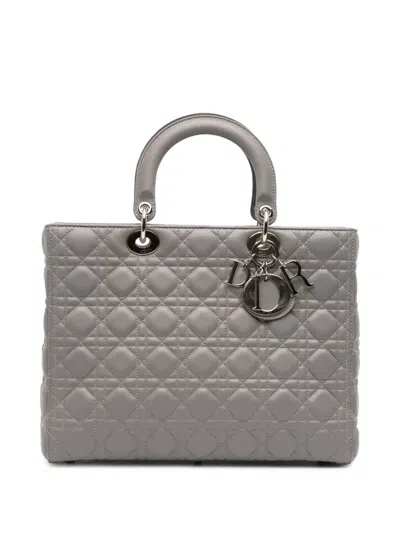 Pre-owned Dior 2014 Large Lambskin Cannage Lady  Satchel In Gray