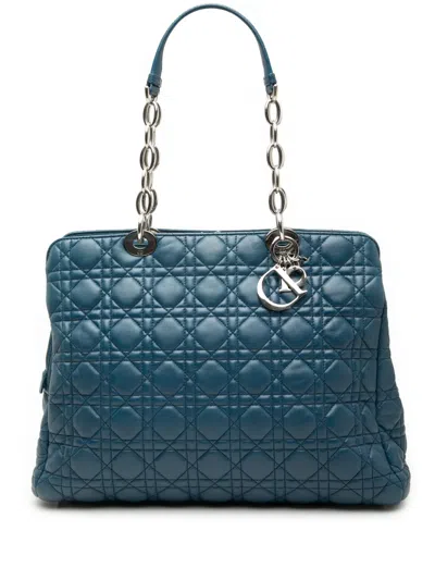 Pre-owned Dior 2014 Large Lambskin Cannage Soft Zipped Lady  Shopping Tote Bag In Blue