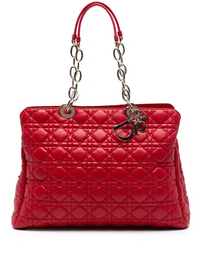 Pre-owned Dior 2014 Large Lambskin Cannage Soft Zipped Lady  Shopping Tote Bag In Red