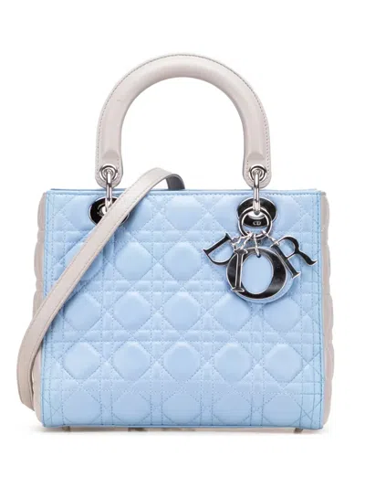 Pre-owned Dior 2014 Medium Bicolor Lambskin Cannage Lady  Satchel In Blue