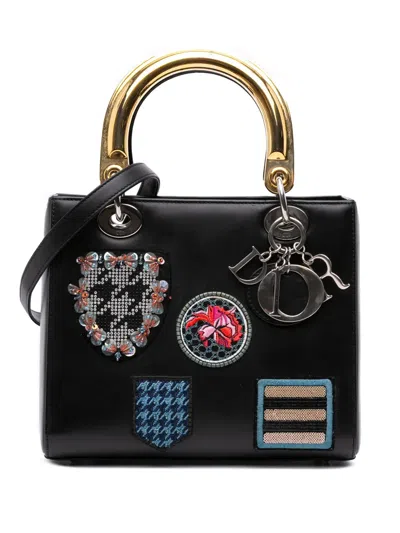Pre-owned Dior 2014 Medium Calfskin Patch Embellished Lady  Satchel In Black