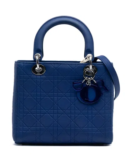 Pre-owned Dior 2014 Medium Lambskin Cannage Lady  Satchel In Blue