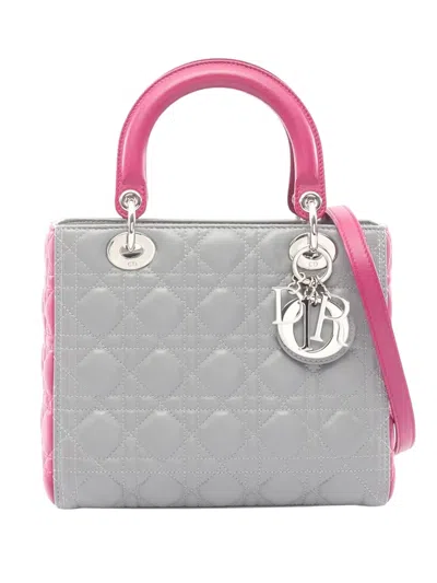 Pre-owned Dior 2014 Medium Lambskin Cannage Lady  Satchel In Gray