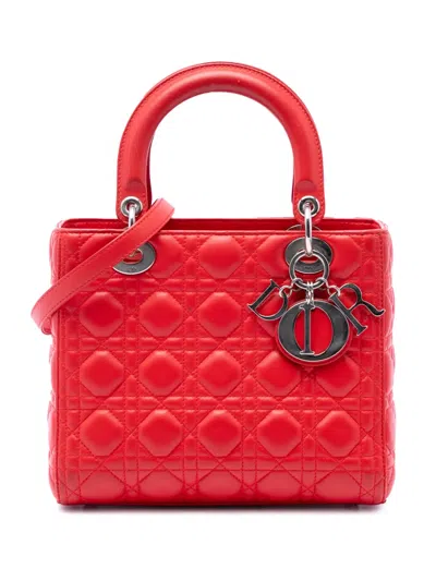Pre-owned Dior 2014 Medium Lambskin Cannage Lady  Satchel In Red