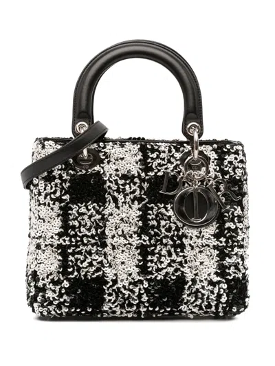 Pre-owned Dior 2014 Medium Lambskin Sequin Embellished Lady  Satchel In Black