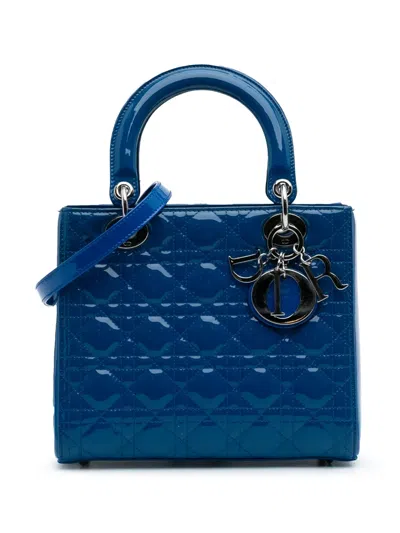 Pre-owned Dior 2014 Medium Patent Cannage Lady  Satchel In Blue