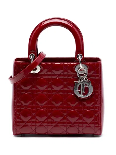 Pre-owned Dior 2014 Medium Patent Cannage Lady  Satchel In Red