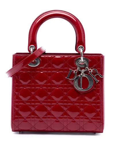 Pre-owned Dior 2014 Medium Patent Cannage Lady  Satchel In Red