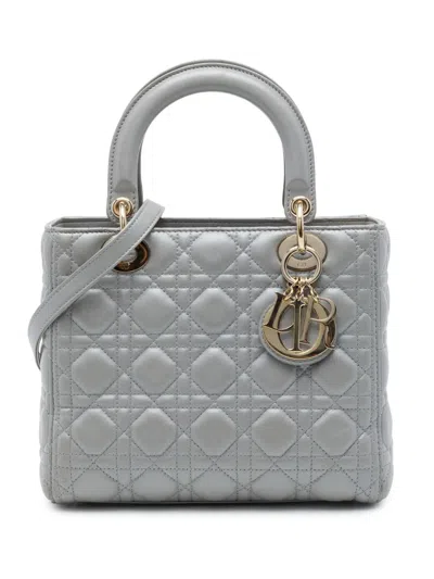 Pre-owned Dior 2014 Medium Pearlescent Lambskin Cannage Lady  Satchel In Grey