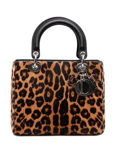Pre-owned Dior 2014 Medium Pony Hair Leopard Print Lady  Satchel In Brown