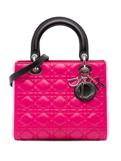 Pre-owned Dior 2014 Medium Tricolor Lambskin Cannage Lady  Satchel In Pink