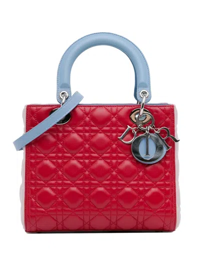 Pre-owned Dior 2014 Medium Tricolor Lambskin Cannage Lady  Satchel In Red