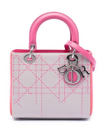 Pre-owned Dior 2014 Medium Tricolor Lambskin Macrocannage Stitched Lady  Satchel In Gray