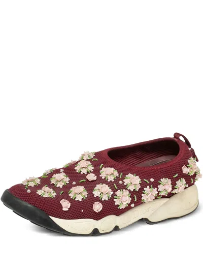 Pre-owned Dior 2014 Mesh Flower-embellishment Sneakers In Red
